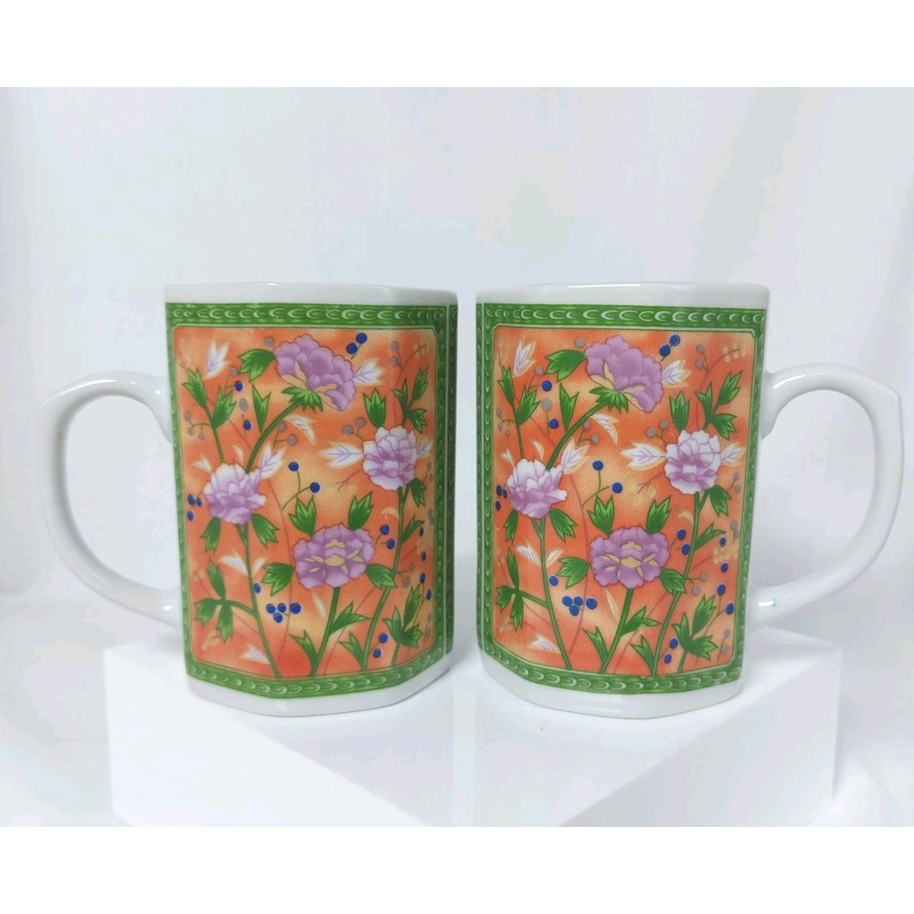 Botanical Floral Mug Set Of 2 Spring Garden Green Orange Ceramic Octagon 10oz